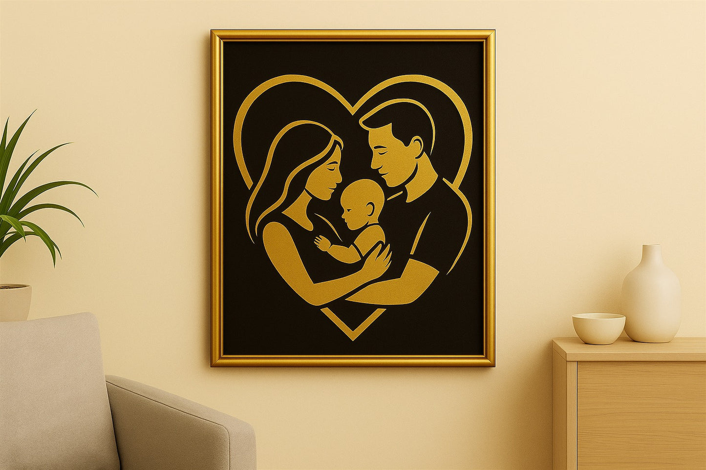 Quadro nero e oro mamma, papà e bambino relief art