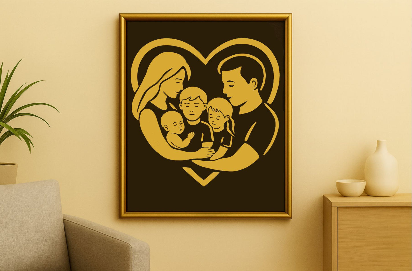 Stampa dorata su sfondo nero mamma papà e tre bambini fine print