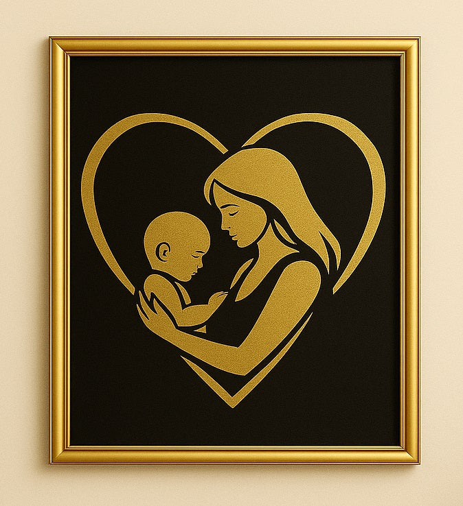 Stampa dorata su sfondo nero mamma bambino fine print